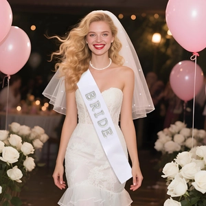 Elegant white satin BRIDE sash with silver glitter letters for bachelorette party outfits