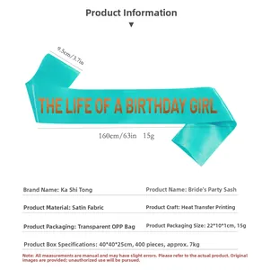 Detailed teal birthday girl sash with rose gold lettering and 160x9.5cm size specifications