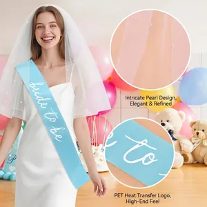 Braut-Set mit Perlen-Schleier und hellblauer Bride to Be Schärpe für Junggesellinnen