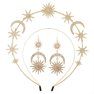 Baroque Double Layer Star Moon Sun Rhinestone Headband Earrings Set Alloy Celestial Wedding Party Hair Jewelry For Women