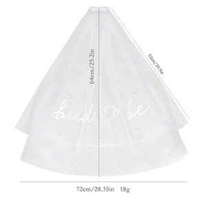 Double layer white bridal veil with pearls and Bride to Be text, includes a hair comb