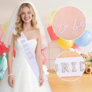 White bridal sash with pearls and rhinestones plus matching embroidered pearl veil set