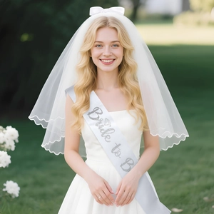 Bride to Be party set with bow embroidery pearl veil and silver glitter satin sash