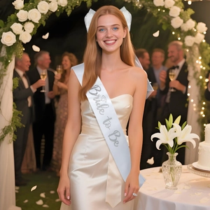 Elegant white Bride to Be satin sash with silver glitter and matching lace bow hair clip