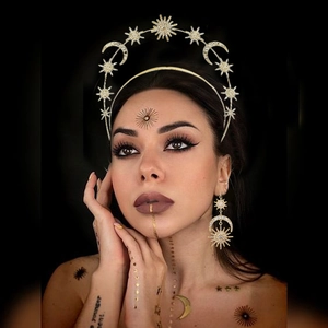 Golden Baroque sun and moon celestial crown headband with rhinestone tassel earrings set