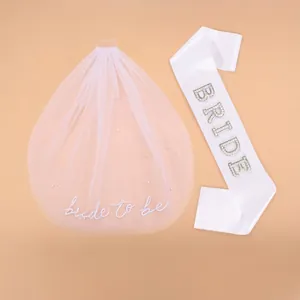 Pink pearl bridal veil with Bride to Be embroidery and white satin Bride sash set