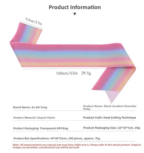 Detailed view of rainbow glitter sash with dimensions 160x9.5cm and material specs