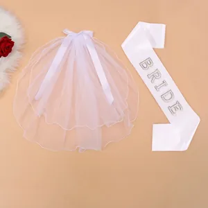 Bride to be party set with pearl veil and satin sash featuring elegant bow embroidery