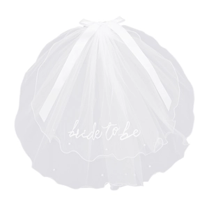 White bridal short veil with pearls and bride to be embroidery for bachelorette parties