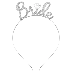 Silver bridal headband featuring a sparkling rhinestone Bride script and diamond motif