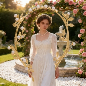 Robe de mariée vintage en dentelle blanche avec bandeau de feuilles dorées au jardin