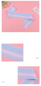 Close-up of glitter fabric party sash with blue to pink gradient and custom stamping option