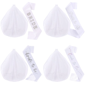 White bridal shower set with pearl veil and satin sash featuring Bride To Be embroidery