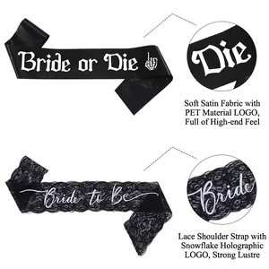 Gothic ghost bride 3-piece set featuring black lace sash with holographic Bride to Be text