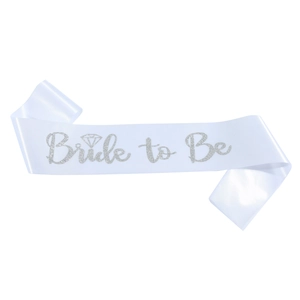 White Bride to Be satin sash with silver glitter lettering and diamond icon for bridal party