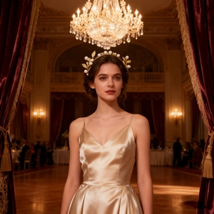 Détail d'un serre-tête de mariée aux feuilles dorées et perles blanches sur mannequin