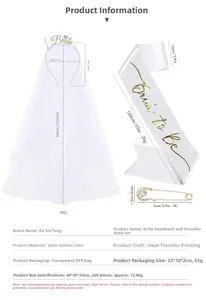 Detailed view of white bridal veil with gold headband and Bride to Be satin sash set