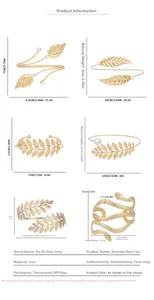 Detailed measurement guide for gold leaf and snake arm cuffs with pearl accents