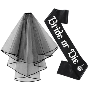 Gothic ghost bride set with black veil and Bride or Die sash for Halloween party