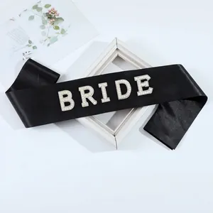 Elegant black satin BRIDE sash with faux pearl lettering for bachelorette party accessories