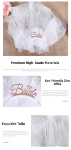 Close-up of rose gold Bride headband with white layered mesh veil and rhinestone detail