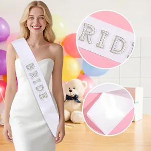 White bridal sash with pearl BRIDE lettering for bachelorette parties and weddings