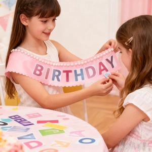 Detail of pink satin birthday sash with pearls and colorful DIY letter cards for kids