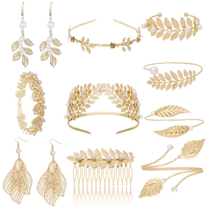Collection de Bijoux Baroque Alliage Doré Feuille Künstliche Perle Serre-tête Boucles d'Oreilles Brassard pour Mariage Fête Femme Déesse Grecque