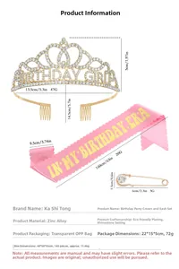 Dimensions détaillées pour l'ensemble tiare en strass et écharpe en satin rose d'anniversaire