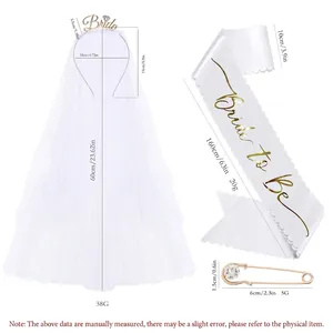 Bridal shower set with white Bride To Be sash, rhinestone tiara veil and safety pin