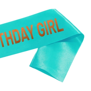 Teal satin Birthday Girl sash with rose gold lettering for birthday party decorations