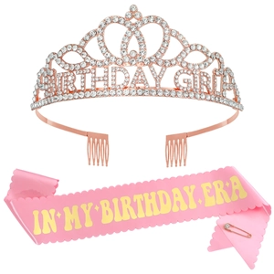 Écharpe d'anniversaire rose et diadème en strass or rose pour fête de célébration femme