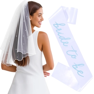 White bridal veil with pearls and satin sash with blue bride to be text for party