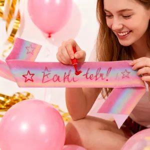 Rainbow gradient glitter sash with red marker for DIY birthday party decoration