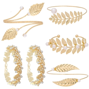Vintage Gold Leaf Arm Cuff Bracelet With Imitation Artificial Pearl Elegant Greek Goddess Upper Arm Band For Women Party Accessories