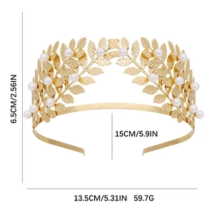 Serre-tête de mariée baroque doré avec feuilles, perles et dimensions détaillées