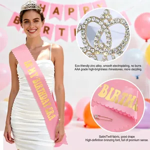 Ensemble écharpe en satin rose et diadème en strass brillant pour fête d'anniversaire femme