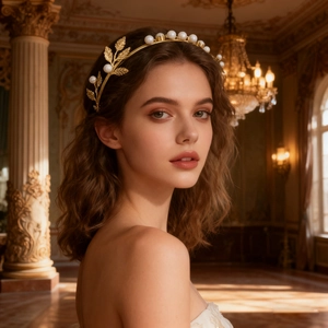 Serre-tête de mariée feuilles dorées avec perles de style baroque pour coiffure de fête