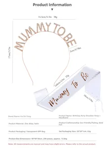 Detailed size chart for Mummy To Be satin sash and rhinestone metal headband set