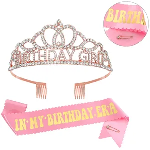 Set d'accessoires d'anniversaire avec diadème strass et écharpe en satin rose pour femme