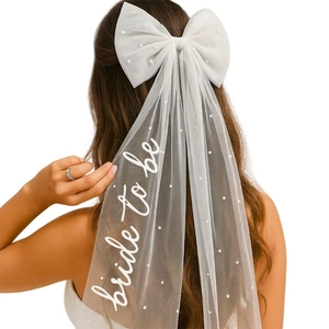 White Bridal Bow Hair Clip With Veil Artificial Pearls Bride To Be Print Bachelorette Party Hair Accessories Wedding Veil Bow