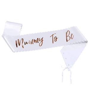 White scalloped satin sash with rose gold Mummy To Be foil text for baby shower party