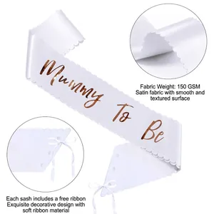 White satin Mummy To Be sash with gold lettering and lace edges for baby shower parties