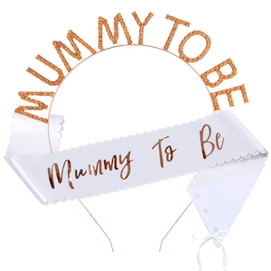 Rose gold Mummy To Be headband and white satin sash set for baby shower celebrations