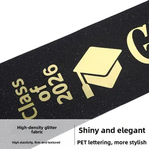 Detail of Class of 2026 graduation sash with gold PET heat transfer on black glitter fabric