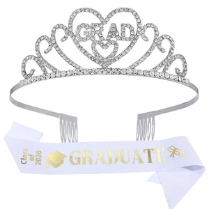 Class of 2026 graduation party set with silver rhinestone tiara and white satin sash