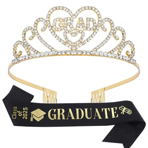 2025 Graduation set with gold rhinestone heart crown and black Class of 2025 sash