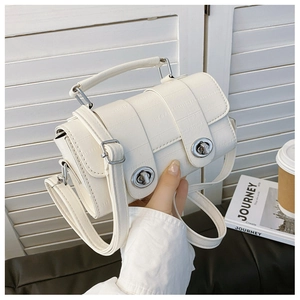 Close-up of white crocodile texture leather handbag with silver double twist lock detail