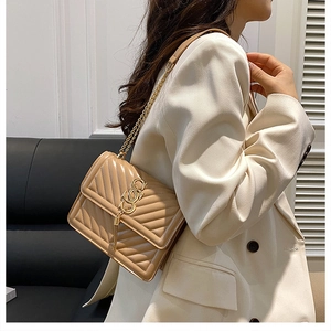 Close-up of beige quilted leather crossbody bag with gold tassel and chain strap