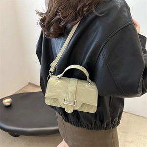 Light green embossed leather mini square bag with silver buckle and handle for women